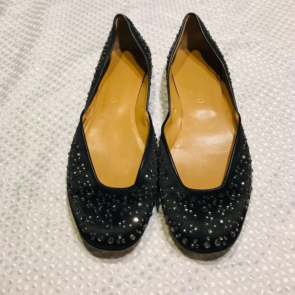 Valentino Garavani Swarovski Crystal Studded Flats Black Satin Size 8.5 - Picture 5 of 14